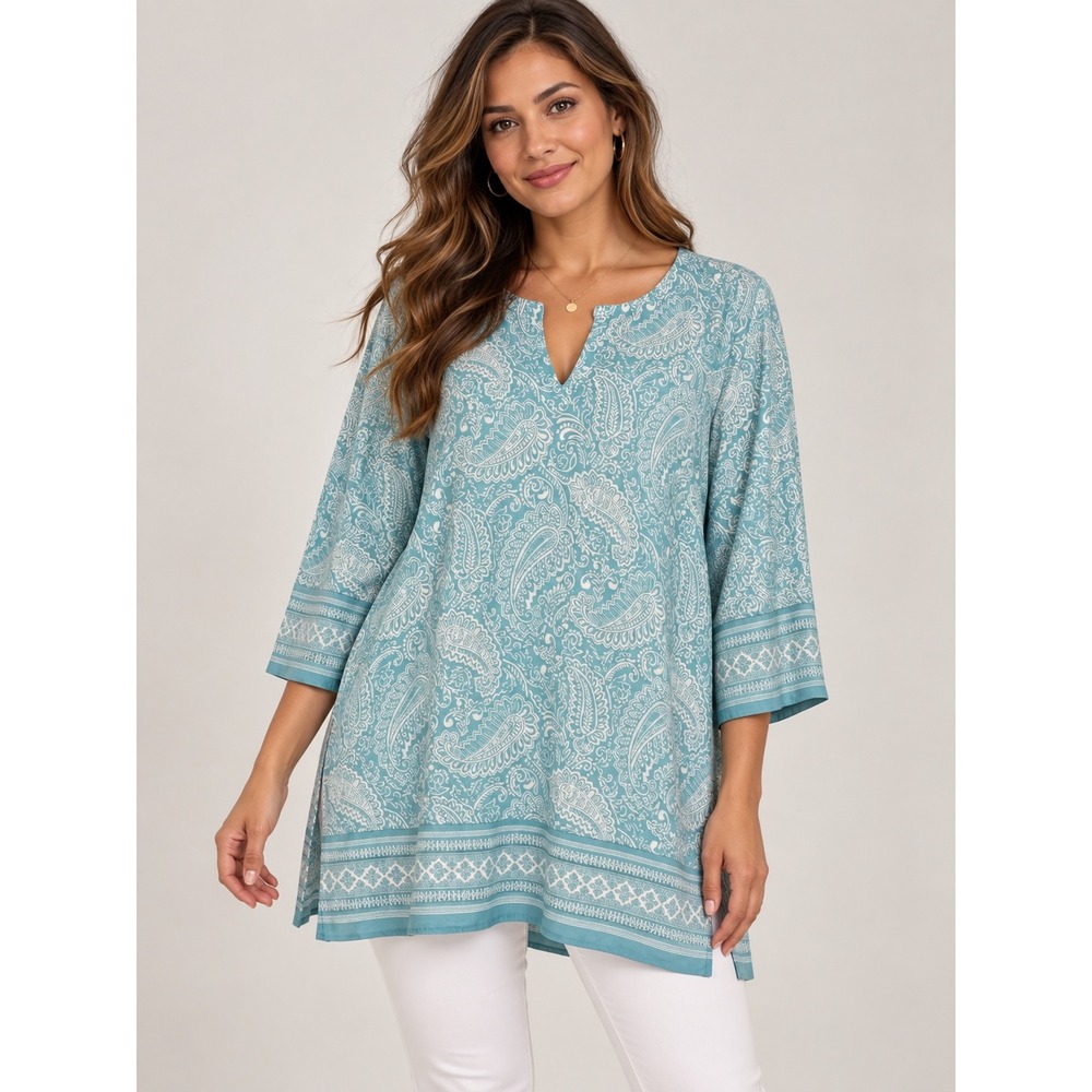 Coolibar St Lucia Tunic Top XL Aqua Blue Paisley UPF 50+ Sun Protection 01429